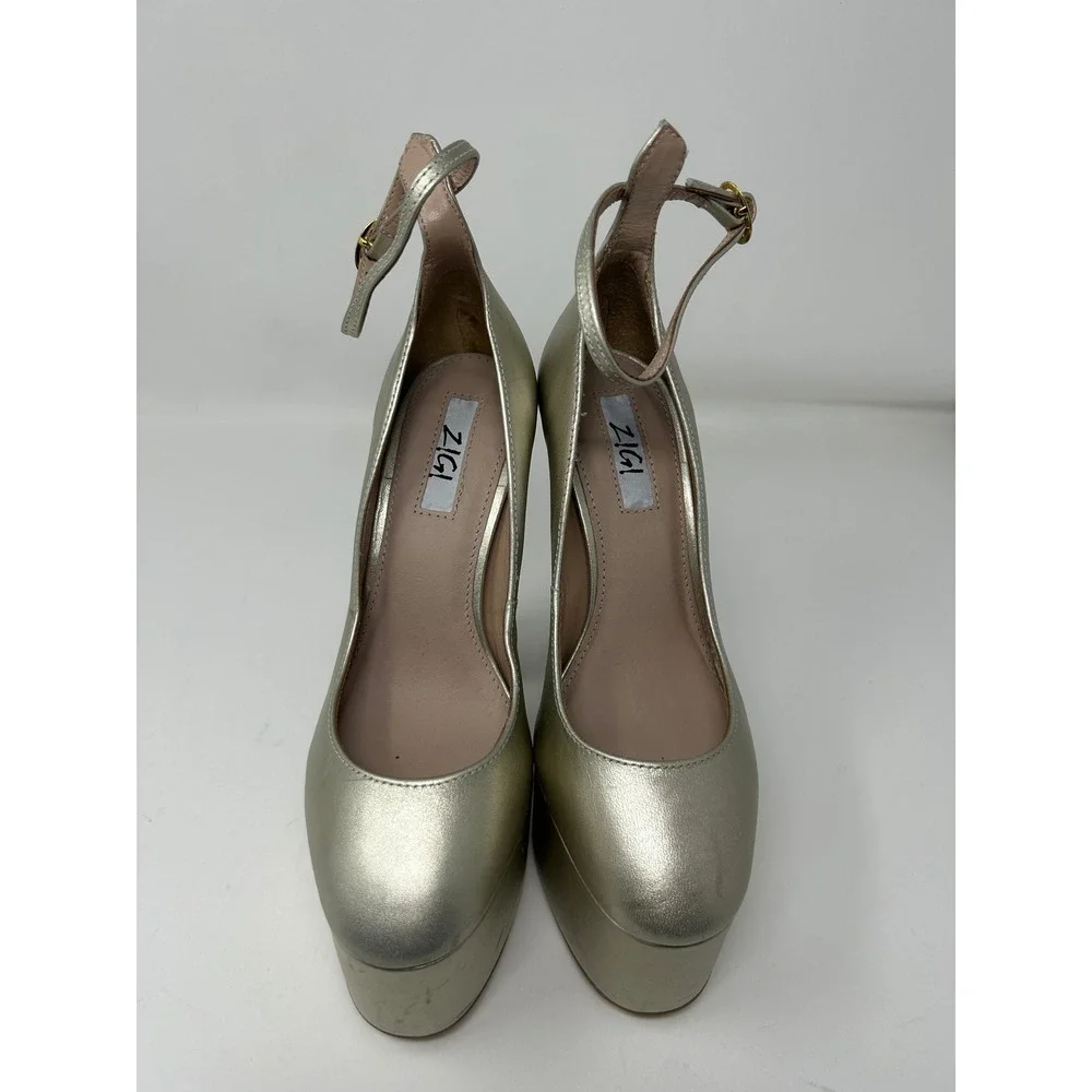 Zigi Womens Nicole Metallic Gold Platform Pumps Ankle Strap Block Heel Size 7